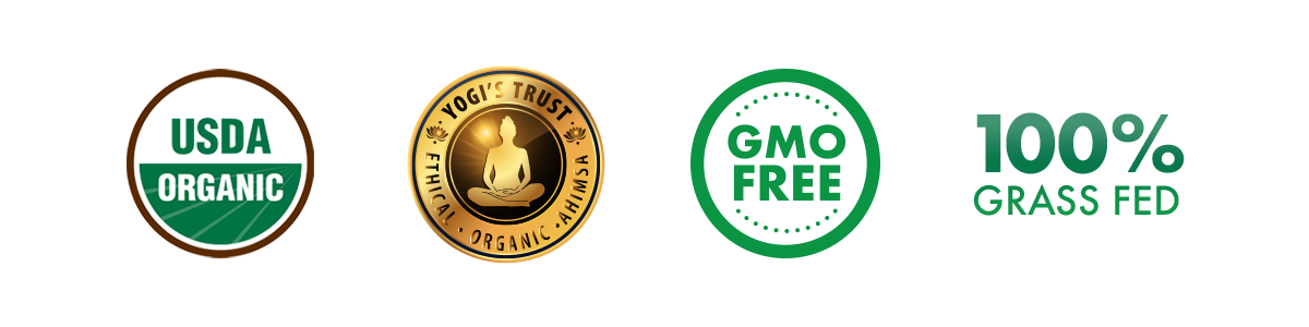 USDA organic, Yogi Seal, GMO Free, 100% Grass Fed