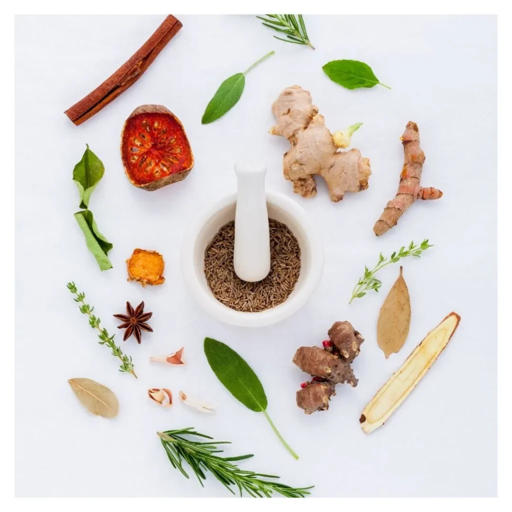 herbs and spices laid out next to a mortar and pestle