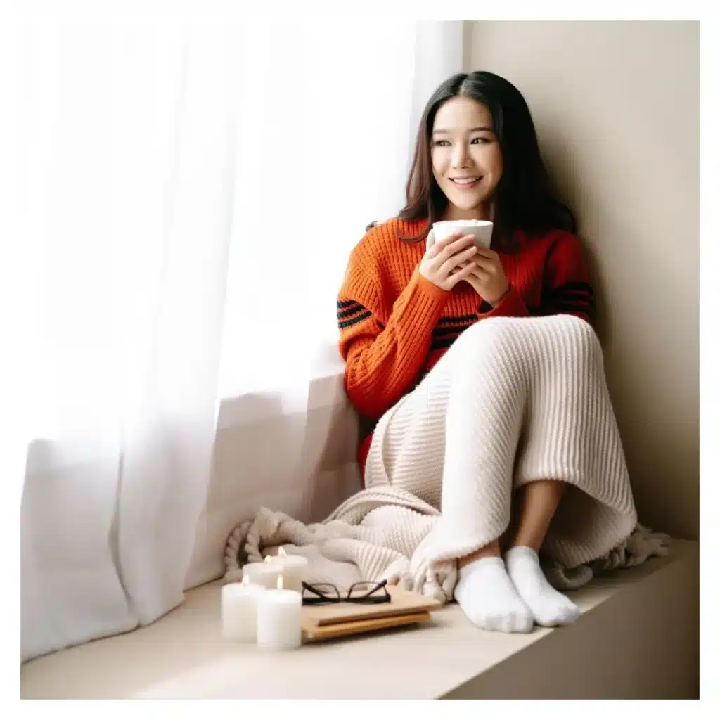 woman curled up with blanket and tea